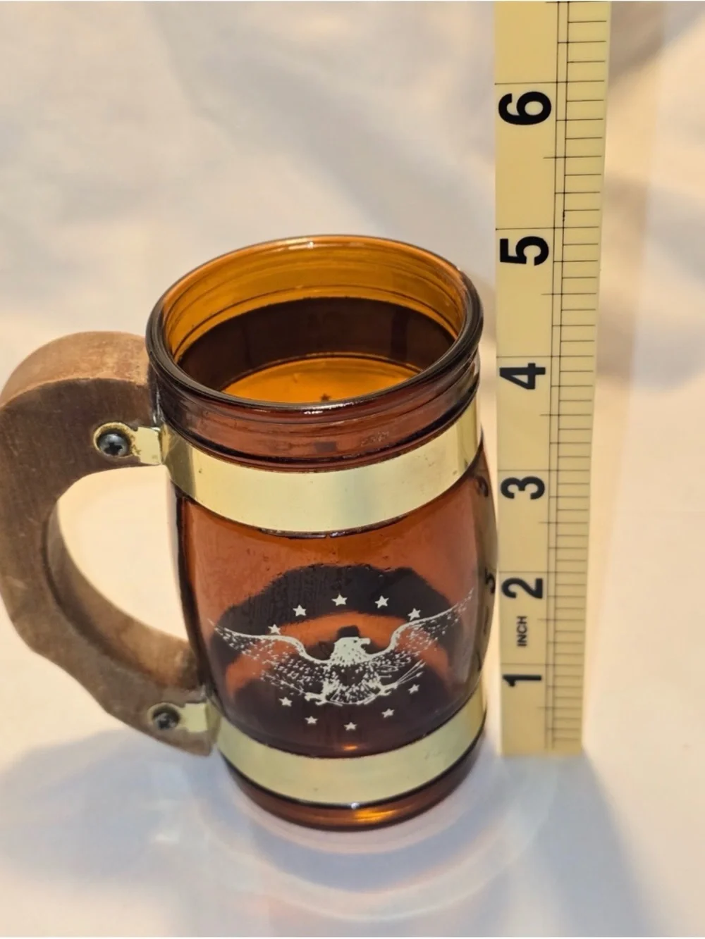 Vintage Siesta Ware Amber Glass Barrel Mug Wood Handle American Patriotic Eagle
